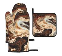 Marble Mixed Brown Printed Oven Mitts and Pot Holders Sets 3 Pcs - Kitchen Non-Slip Heat Resistant Oven Gloves for Baking Cooking Bbq