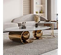 Marble Modern Oval Set of 2 Coffee Table - Sturdy Stainless Steel Luxury Desktop Center Table for Living Room - Minimalist Home Furniture
