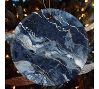 Marble Navy Blue Mixed Ceramic Christmas Ornaments - 4 Pcs Rustic Round Xma Tree Decor with Hanging String, Personalized Vintage Double-Sided Holiday Party Decorations for Xmas Gifts