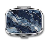 Marble Navy Blue Mixed Pill Box 2 Compartment - Small Metal Medicine Organizer Portable Pill Case for Purse Pocket Travel Vitamin Organizer for Men Women, BPA-Free