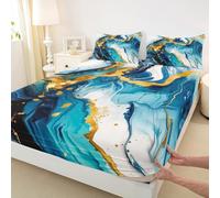 Marble Print Fitted Sheet Single Size,Marbling Abstract Stone Texture Bedding Set 2Pcs for Kids Girls Boys Room Decor,Tie-dye Graffiti Deep Pocket Sheet,1 Pillowcase,Dark Blue Gold