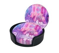 Marble Purple Colorful Print Round Leather Coasters - Set Of 6, Ultra-Fiber Pu Leather