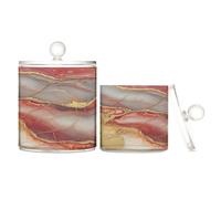 Marble Red Neutral Clear Plastic Storage Container with lid Bathroom Essentials Decorative Dental Floss Storage Jar for Cotton Swabs,Cotton Pad2 Pack