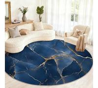 Marble Round Rug 90cm, Blue Marble Circle Rug, Golden Cracks Area Rugs, Washable Circle Carpet for Living Room Dining Room Bedroom Hallway Under the Coffee Table