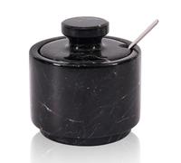 Marble Salt Cellar with Lid and Spoon 3 Inch Black Zebra Salt and Pepper Containers for Countertop, Marble Sugar Bowl