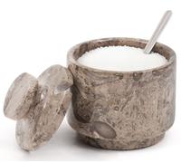 Marble Salt Cellar with Lid and Spoon 3 Inch Oceanic Marble Pepper and Sugar Bowl for Kitchen, Stone Salt Holder with Lid and Spoon