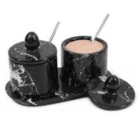Marble Salt Cellar with Lid and tray 4 Inch Black Handmade Salt Container, Set of 2 Seasoning Jars, Spice Storage Container for Kitchen countertop, spice jars Sugar bowl
