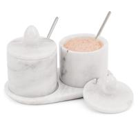 Marble Salt Cellar with Lid and tray 4 Inch White Handmade Salt Container, Set of 2 Seasoning Jars, Spice Storage Container for Kitchen countertop, spice jars Sugar bowl