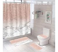 Marble Shower Curtain with Bath Mats Sets, 4 Pcs Abstract Washable Bathroom Décor Set with Toilet Lid Cover, Non-Slip Rugs, Absorbent Pedestal Pads and Waterproof Bathtub Curtains with Hooks (Pink)