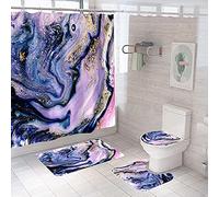 Marble Shower Curtain with Bath Mats Sets, 4 Pcs Abstract Washable Bathroom Décor Set with Toilet Lid Cover, Non-Slip Rugs, Absorbent Pedestal Pads and Waterproof Bathtub Curtains with Hooks (Purple)