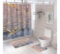 Marble Shower Curtain with Bath Mats Sets, 4 Pcs Abstract Washable Bathroom Décor Set with Toilet Lid Cover, Non-Slip Rugs, Absorbent Pedestal Pads and Waterproof Bathtub Curtains with Hooks (Brown)