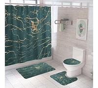 Marble Shower Curtain with Bath Mats Sets, 4 Pcs Gold Abstract Washable Bathroom Décor Set with Toilet Lid Cover, Non-Slip Rugs, Absorbent Pads and Waterproof Bathtub Curtains with Hooks (Green)