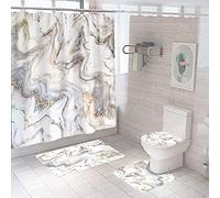 Marble Shower Curtain with Bath Mats Sets, 4 Pcs Gold Abstract Washable Bathroom Décor Set with Toilet Lid Cover, Non-Slip Rugs, Absorbent Pads and Waterproof Bathtub Curtains with Hooks (Silver)