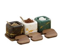 Marble Spice Jar Set, 3 Pieces Ceramic Spice Jars, 360ml Spice Jars for Spices, Kitchen Spice Jar, Round Sugar Bowl with Lids, Spoons and Tray for Kitchen Home