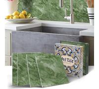 Marble Stick on Tiles 12Pcs,Thick Green Tile Stickers Self Adhesive Wall Tiles, PET Peel and Stick Wall Glossy Stickers for Kitchen Bathroom