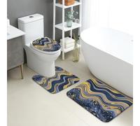 Marble Swirl Quick Dry Bath Mat, Elegant Blue and Yellow Abstract Non Slip Shower Mat, Modern Flannel Washable Bath Rugs for Bathroom Toilet Restroom Decorative 3 Piece Sets