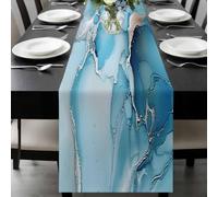 Marble Table Runner 13x72 Inches Long Abstract Art Blue Gradient Cave Rock Silver Lines Cotton Linen Table Runner Burlap Style for Dinner Table Party Decor Tabletop Decorations