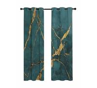 Marble Texture Blackout Curtains for Bedroom Living Room, Modern Green Golden Ripple Effect 84 In Long Thermal Insulated Room Darkening Drapes Grommet Window Treatments, 52 x 84 In
