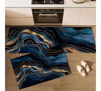 Marble Texture Kitchen Mats Sets, 2 Piece Fluid Art Style Kitchen Rugs, Waterproof Non-slip Anti-Fatigue Home Runner Washable Standing Floor Mats 40x60cm+40x120cm Navy Blue