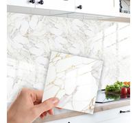 Marble Tile Stickers Glossy Waterproof Oil Proof Removeable Stick on Wall Backsplash DIY PVC for Bathroom Kitchen Home Decor Modern White 24 pcs