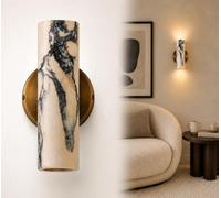 Marble Wall Sconce, 9.45-Inch Natural Alabaster Cylinder Lamp | Modern Up and Down Lighting, Metal Base, Hardwired Indoor Fixture for Bedroom, Bedside, Hallway and Stairs