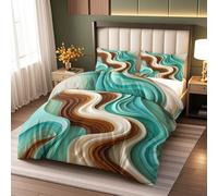 Marble Wave Reversible Super King Duvet Cover Set, Abstract Swirl Bedding Set Soft Microfiber Teal Brown Modern Duvet Cover（260x220cm） with Zipper Closurewith 2 Pillowcase 50x75cm