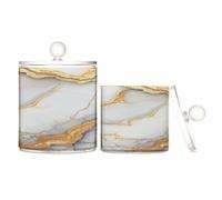 Marble White Yellow Clear Plastic Storage Container Jars with lid Bathroom Essentials Decorative Small Storage Bins for Floss Picks,Paper Clips,2 Pack
