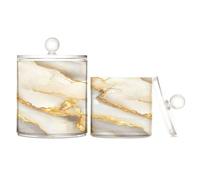 Marble White Yellow Clear Plastic Storage Containers with lid Pantry Essentials Decorative Dental Floss Storage Jar for Cotton Swabs,Cotton Pad2 Pack