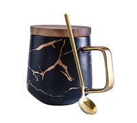 Marbled Matt Gold Pattern Ceramic Coffee Cups Set, Nordic Bohemia Style Cappuccino Cups Tea Cups Mug Cups with Spoon, Wooden Disc or Wooden Lid, Birthday, Valentine's Day Gift (Black, 360 ML)