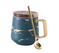 Marbled Matt Gold Pattern Ceramic Coffee Cups Set, Nordic Bohemia Style Cappuccino Cups Tea Cups Mug Cups with Spoon, Wooden Disc or Wooden Lid, Birthday, Valentine's Day Gift (Green, 360 ML)