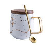 Marbled Matt Gold Pattern Ceramic Coffee Cups Set, Nordic Bohemia Style Cappuccino Cups Tea Cups Mug Cups with Spoon, Wooden Disc or Wooden Lid, Birthday, Valentine's Day Gift (White, 360 ML)