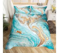 Marbling Duvet Cover Set Single Mint Gold Glitter Turquoise Comforter Cover Chic Girly Marble Bedding Set 2pcs for Kids Girls Room Decor, Abstract Stone Texture Bedspread with 1 Pillowcase
