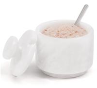 MARBLOUS KRAFTS 3" Marble Salt Cellar with Lid & Spoon White Flaky Salt Box, Sugar Jar, and Spice Storage Container for Kitchen Countertop