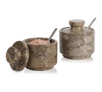 MARBLOUS KRAFTS Marble Salt Cellar 3" Inch Oceanic Flaky Salt Holder for Countertop, Set of 2 Spice Boxes, Brown Sugar Keeper, and Sugar Jar with Lid & Spoon, Perfect for Kitchen Storage