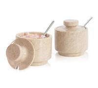 MARBLOUS KRAFTS Marble Salt Cellar 3" Inch Verona Stone Salt Container for Gift for Mom, Ideal Set of 2 Coffee Storage Container Kitchen Countertop, Candy Jars with Lids and Spoons, Spice Storage