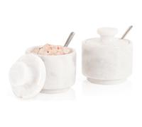 MARBLOUS KRAFTS Marble Salt Cellar 3" White Celtic Salt, Seasoning Containers for Kitchen Decor, Set of 2 Spice Jars, Countertop Storage, Christmas Sugar Bowl with Lid and Spoon