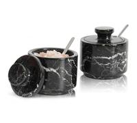 MARBLOUS KRAFTS Marble Salt Cellar with Lid and Spoon 3" Black Zebra Flaky Christmas Salt Box for Gift, Modern Small Set of 2 Sugar Kitchen Countertop Storage, Coffee Container, Spice Jars, Candy Jar