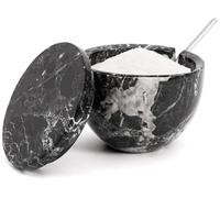 MARBLOUS KRAFTS Marble Salt Cellar with Lid and Spoon 3 x 4 Inch Flaky Stone Salt Containers for Countertop, Sugar Bowl and Salt Bowl for Counter