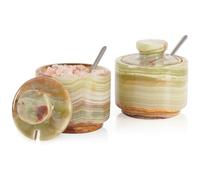 MARBLOUS KRAFTS Marble Salt Shaker with Lid and Spoon, Green Stone Salt Plate 7.5 cm for Kitchen Worktop, Decorative Small Set with 2 Spice Jars