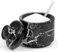 MARBLOUS KRAFTS Salt Cellar with Lid and Spoon 3 Inch Black Zebra Salt and Pepper Containers for Countertop, Marble Sugar Bowl