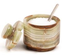 MARBLOUS KRAFTS Salt Cellar with Lid and Spoon 3 Inch Green Onyx Flaky Salt Containers for Countertop, Marble Sugar Bowl and Salt Bowl