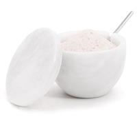 MARBLOUS KRAFTS White Marble Salt Cellar with Lid and Spoon 3 x 4 Inches Round Salt Bowl for Kitchen Countertop, Salt and Sugar Container, Natural Stone Salt Keeper