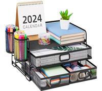 Marbrasse 3 Tier Mesh Desk Organizer with Drawer, Multi-Functional Desk Organizers and Accessories, Paper Letter Organizer with 2 Pen Holder for Home Office Supplies - Black