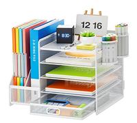 Marbrasse Desk Organiser File Holder,5-Tier Paper Letter Tray Organiser with Drawer,2 Pen Holder,Mesh Desktop Storage with Magazine Holder for Office Supplies (White)