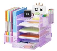 Marbrasse Desk Organiser File Holder,5-Tier Paper Letter Tray Organiser with Drawer,2 Pen Holder,Mesh Desktop Storage with Magazine Holder for Office Supplies (Purple)