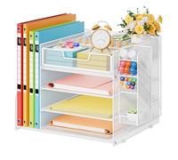 Marbrasse Desk Organiser Tray,4-Tier File Paper Letter Trays with 1 Hanging Pen Holder and 6 Divider Drawer,Mesh Paper Document Filing Storage Rack,Desk Magazine Organizer for Home Office (White)