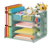 Marbrasse Desk Organiser Tray,4-Tier File Paper Letter Trays with 1 Hanging Pen Holder and 6 Divider Drawer,Mesh Paper Document Filing Storage Rack,Desk Magazine Organizer for Home Office (Green)