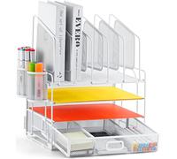 Marbrasse Desk Organiser Tray,4-Tier Paper Letter Tray Organiser with Drawer,5 Vertical File Holders and 2 Pen Holders,Mesh Desktop Organizer Storage for Home Office Supplies(White)