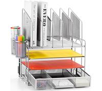 Marbrasse Desk Organiser Tray,4-Tier Paper Letter Tray Organiser with Drawer,5 Vertical File Holders and 2 Pen Holders,Mesh Desktop Organizer Storage for Home Office Supplies(Silver)