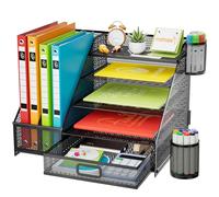 Marbrasse Desk Organiser Tray,5-Tier Paper Letter Tray Organiser with Drawer,2 Pen Holders,Mesh Desktop Organizer Accessories Storage for Home Office Supplies(Black Single Side Book Stand)